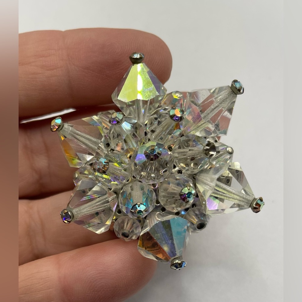 Vintage Star Brooch Pin with Aurora Borealis & Clear Crystal Beads Silver Tone